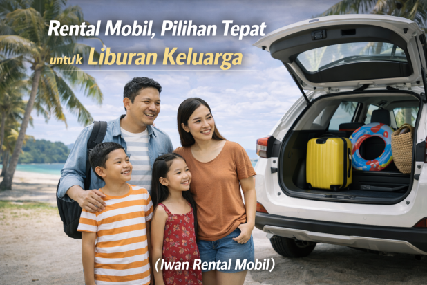 Keluarga sedang menikmati perjalanan liburan menggunakan mobil rental yang nyaman.