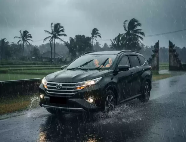 Mobil SUV tinggi dan aman digunakan saat musim hujan dari layanan rental mobil.